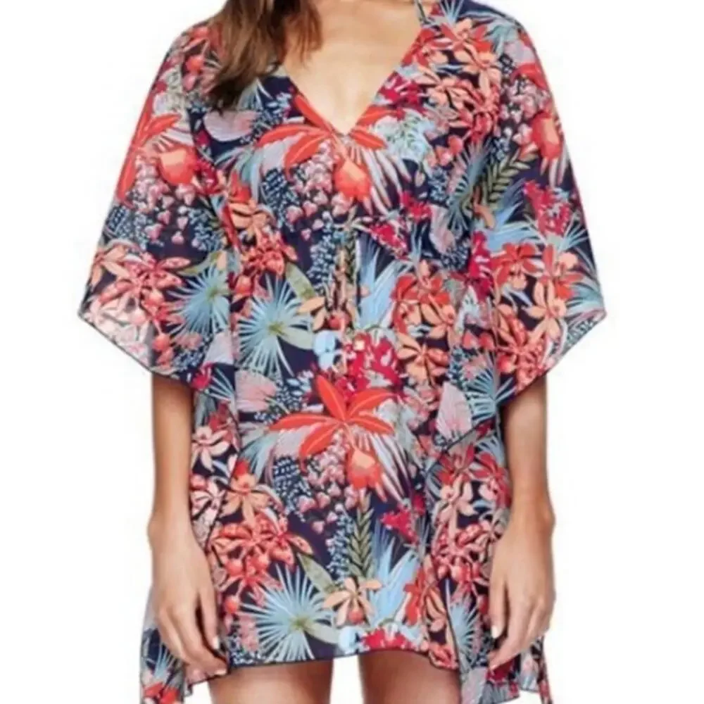 TORY BURCH SWIM COVERUP XS S CAFTAN CALATHEA SHORT MINI SWIM 100% COTTON TIE